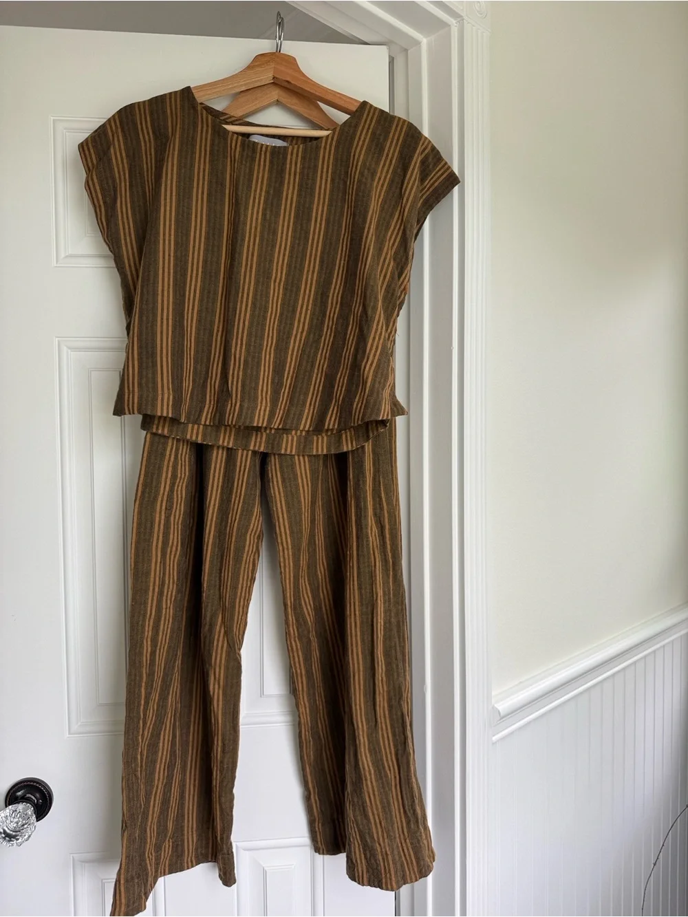 Liz Alig Striped Two-Piece Wide-Leg Set in Brown and Mustard - Picture 13 of 13